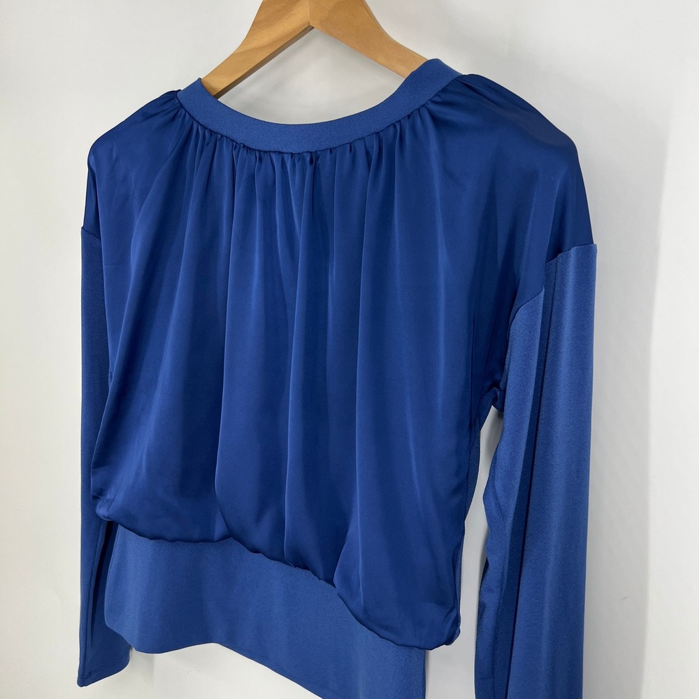 White House Black Market Royal Blue Pleated Blouson Long Sleeve Cropped Blouse S - Picture 3 of 10